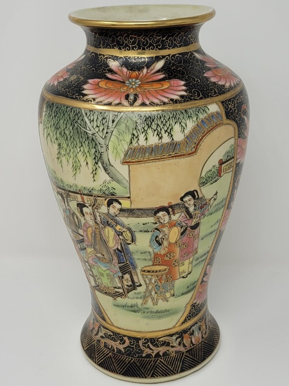 Vintage Chinese Satsuma Style 12" Temple Vase - Gilt & Moriage Courtyard Scene